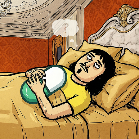 Man sleeping exhausted in a luxurious mansion